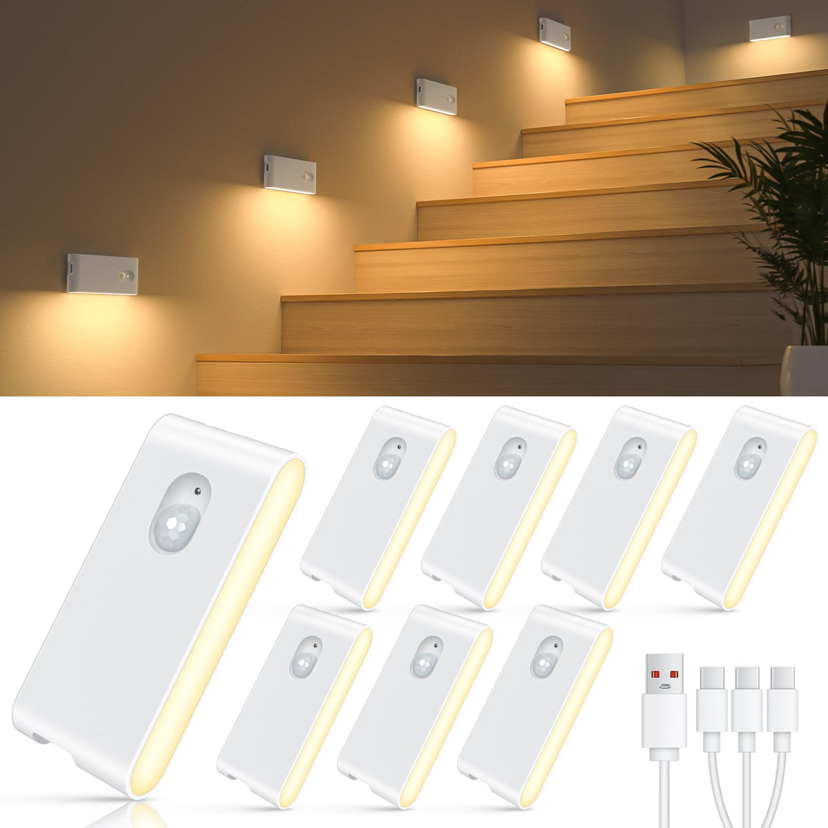 WILLED Rechargeable Night Lights, Warm White Motion Sensor Night Lights, Wireless Stair Lights Indoor for Stairway, Hallway, Kitchen, Closet, Cabinet, Bedroom, Kids' Room(8-Pack)