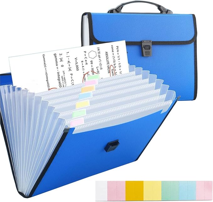 12 Pockets Letter Size/A4 Accordion File Organizer with Handle, TRANBO Expanding File Folder, Portable Paper Organizer, Expandable Plastic Document Organizer for Travel School Office - Blue