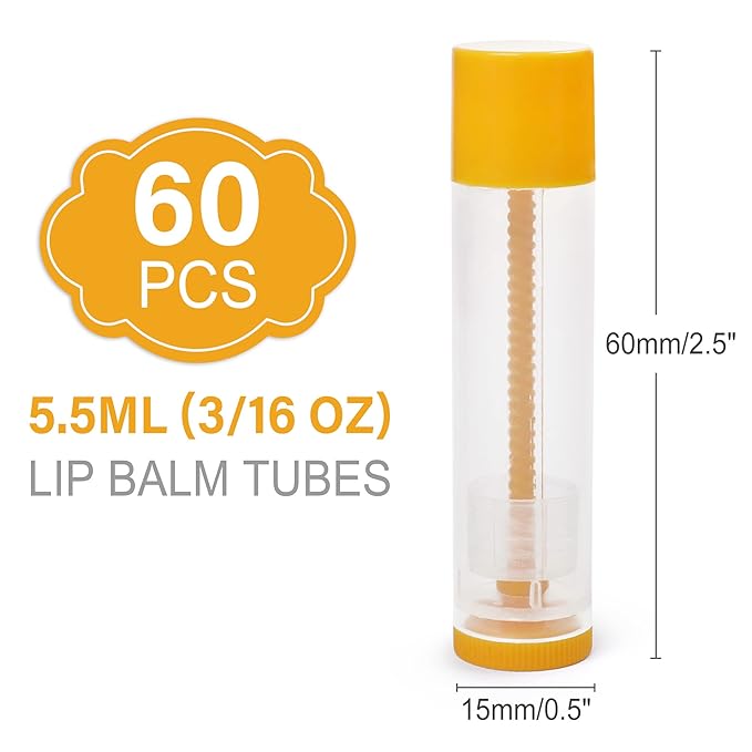 LotFancy Lip Balm Tubes Empty, 60PCS 5.5ml (3/16 Oz), Clear Lip Balm Container Tubes with Yellow Caps, BPA Free & Leak Free, Refillable