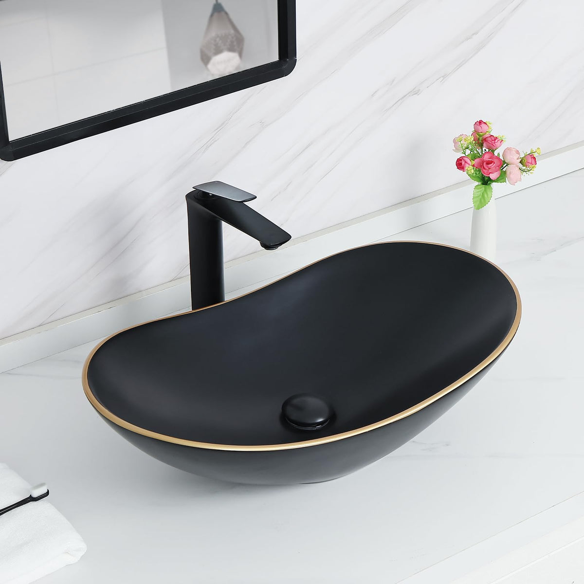 Davivy 24.5'' X 13.8'' Large Matte Black Oval Vessel Sink with Pop Up Drain,Bathroom Sinks Above Counter,Black Vessel Sink with Gold Trim,Ceramic Vessel Sinks for Bathrooms (Large)