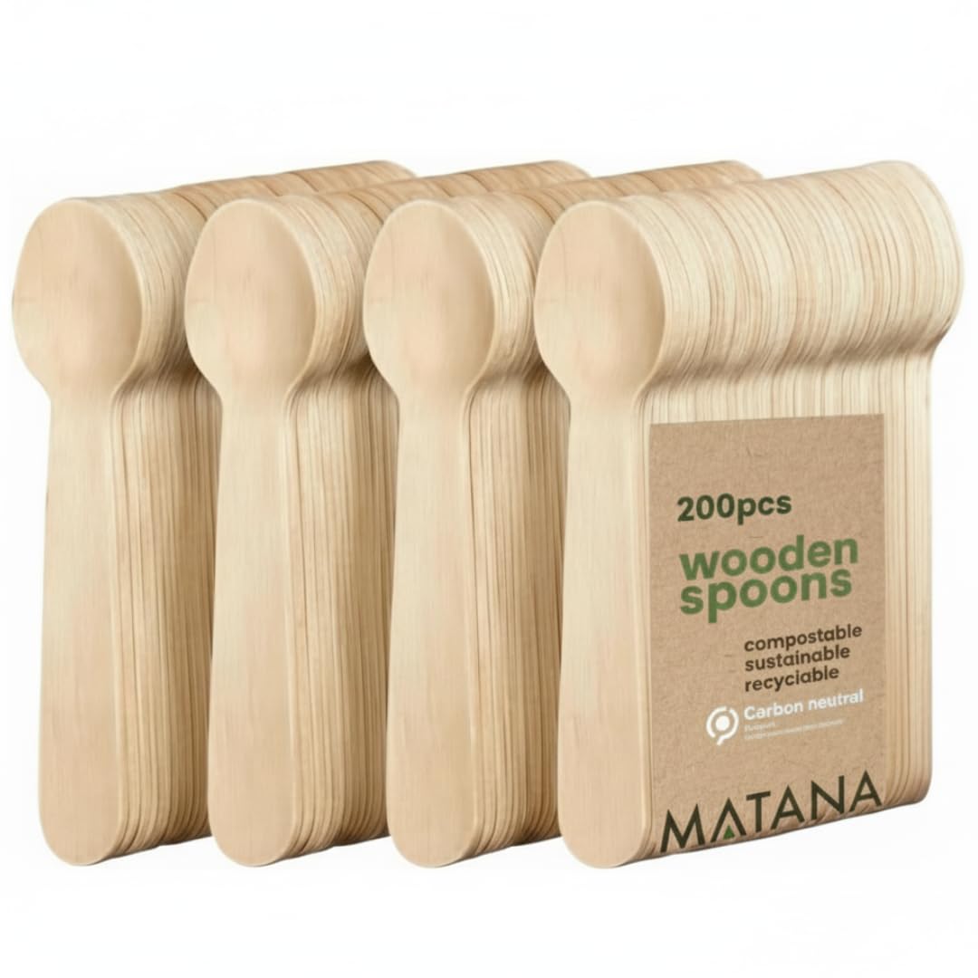 MATANA - 100% Natural Disposable Bamboo Wooden Spoons 6.3" Inch (200 Pack) - Compostable Cutlery, Biodegradable Utensils for Garden Parties & Summer Events