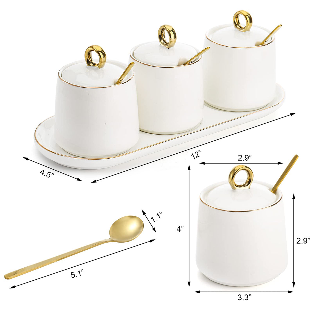 Foraineam Porcelain Sugar Bowl with Lid and Spoon Set of 3, Condiment Jar Coffee Bar Accessories, 8 oz Salt Server Spice Container Seasoning Box with Tray