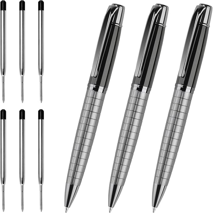 Cambond Ballpoint Pens Black Pens - Bulk Metal Pen for Journaling Gift Business Men Police Flight Attendants 1.0 mm Medium Point Nice Pen, 3 Pens with 6 Refills (Sliver with Black)