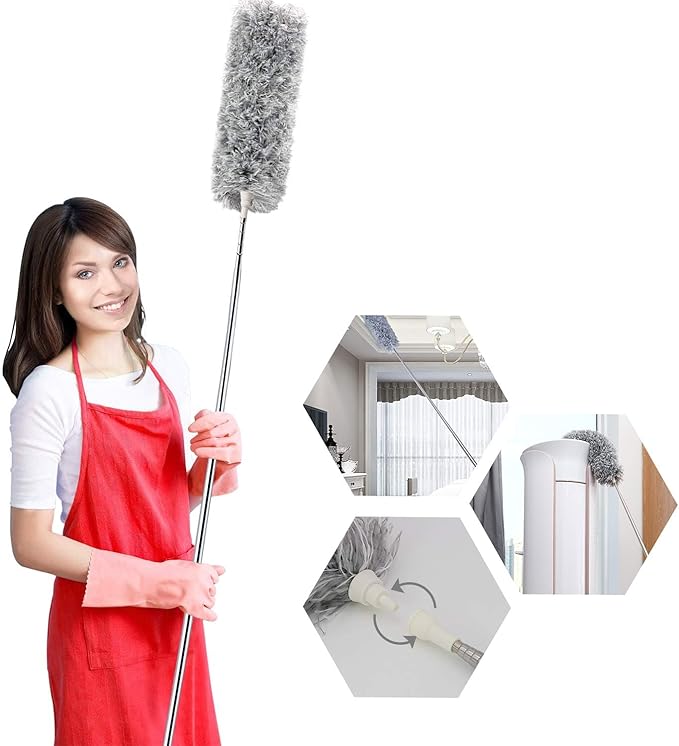 Microfiber Ceiling Fan Cleaner with 30–100" Telescopic Pole – Extendable Duster for High Ceilings and Fans, Bendable Washable Head, Reusable Cleaning Tool for Furniture, Cars, Keyboard