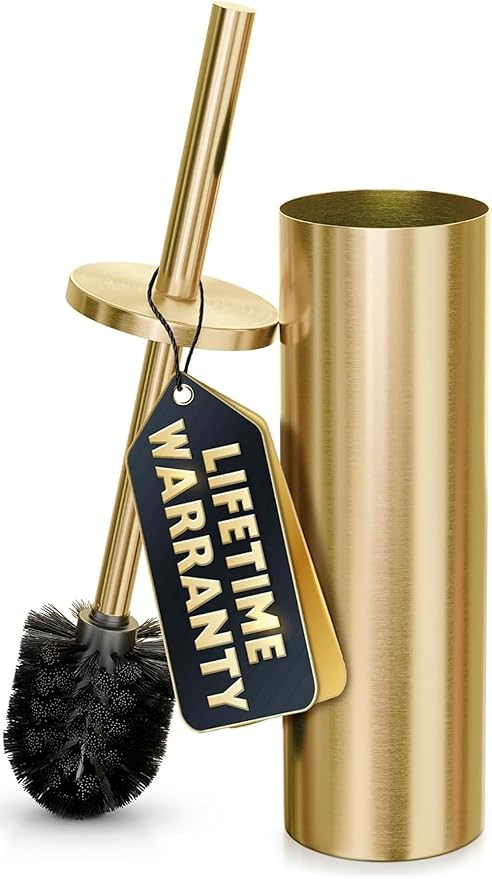 Gold Toilet Brush and Holder Set - Brushed Stainless Steel Gold Toilet Bowl Brush and Holder with Replacable Head, Removable Inner Bowl, and Splash Protection - Dense Bristles for Through Cleaning