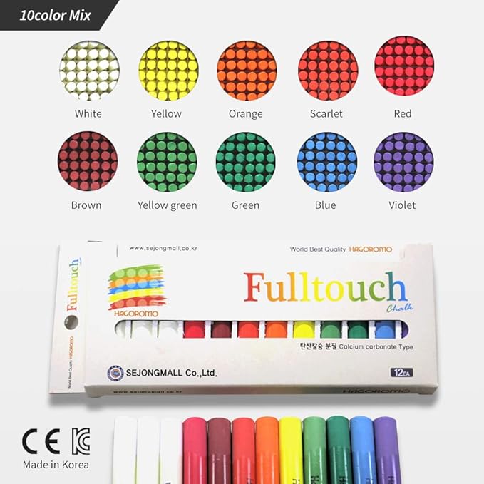 Hagoromo Fulltouch Color Chalk - Non-Toxic [12 Pcs/10 Color Mix] 1 Box, Dustless Washable Chalk for Kids & Professionals, Sidewalk & Blackboard