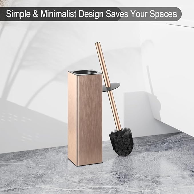 BGL Standing Toilet Brush and Holder Rose Gold Aluminium Toilet Bowl Cleaner Brush and Holder for Bathroom Storage and Organization, Square Design Sturdy and Space Saving