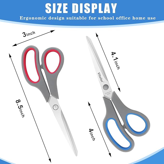 Vitoler Scissors, Heavy Duty Scissors All Purpose Bulk Set of 3-Pack，Sharp Scissor for Office School Craft Sewing Fabric, Right/Left Hand