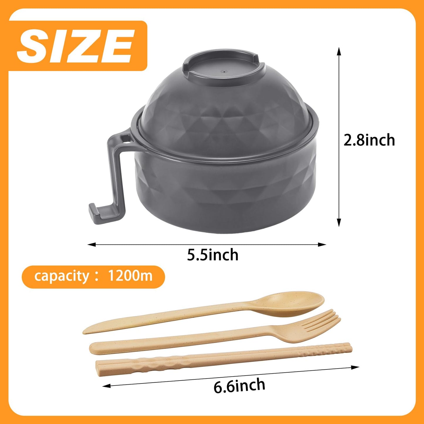 1 Set Microwave Ramen Cooker 40oz Wheat Straw Microwave Noodle Bowl Set with Chopsticks, Spoon, Fork, College Dorm Office Apartment Essentials (Gray)