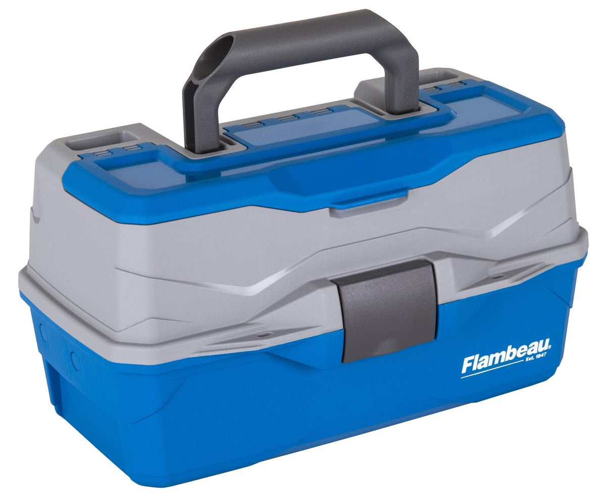 Flambeau Outdoors 6382TB 2-Tray Tackle Box - Classic Fishing Lure Storage Organizer, Medium Portable Tackle Box, 15 Tray Compartments, Blue/Gray