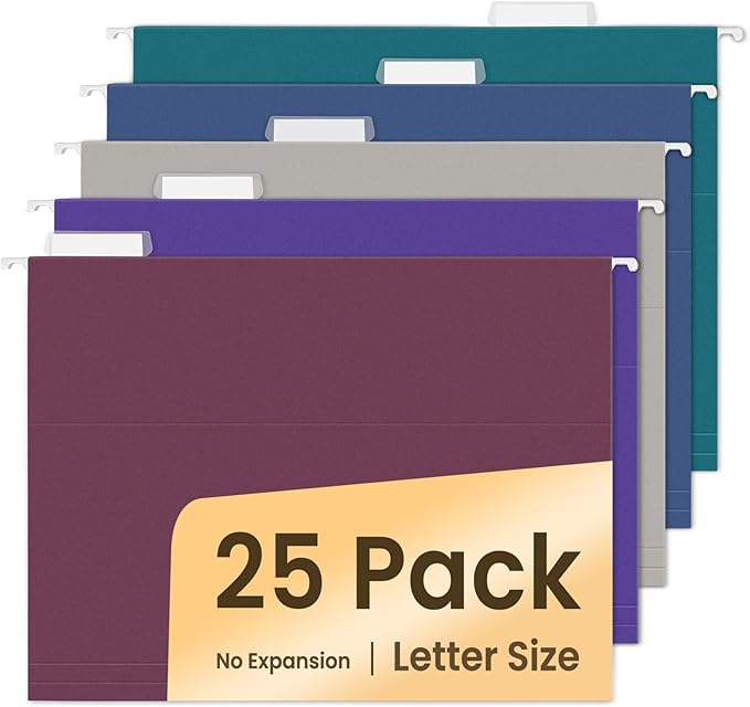SUNEE Hanging File Folders Vintage Colors, 25 Pack Letter Size File Folders with 1/5-cut Tabs, Stay Organized for Your Home and Office Bulk File and Documents