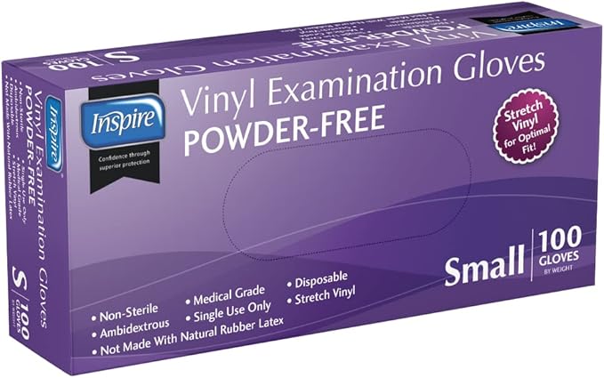 Inspire Exam Grade Powder & Latex Free Stretch Vinyl Gloves, Small, 100 Count