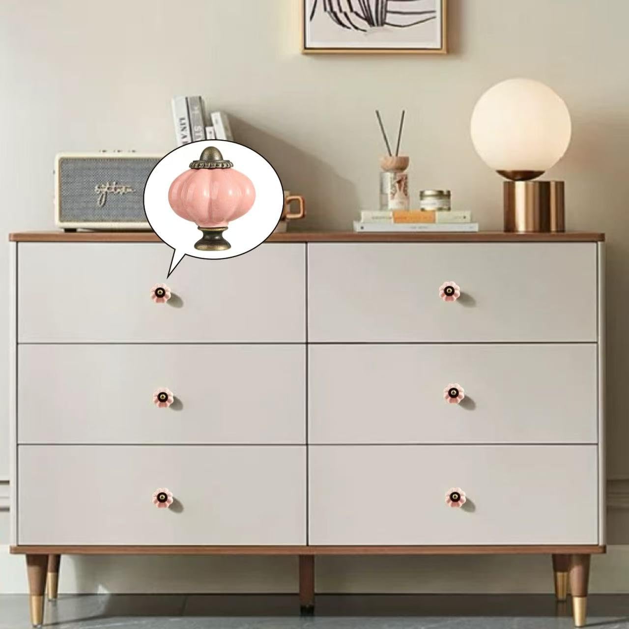 Eledabra 4 pcs Pink Pumpkin Knobs, Vintage Ceramic Cabinet Knobs, Dresser, Drawer,Door Knobs Drawer Pulls Dresser Handles with Mounting Screws
