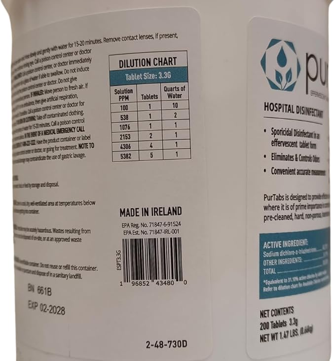 3.3 gram Sporicidal NaDCC Tablet Disinfectant - Multipurpose, Concentrated Dissolving Tabs for Bulk Solution, Use with Protexus Handheld Electrostatic Sprayer