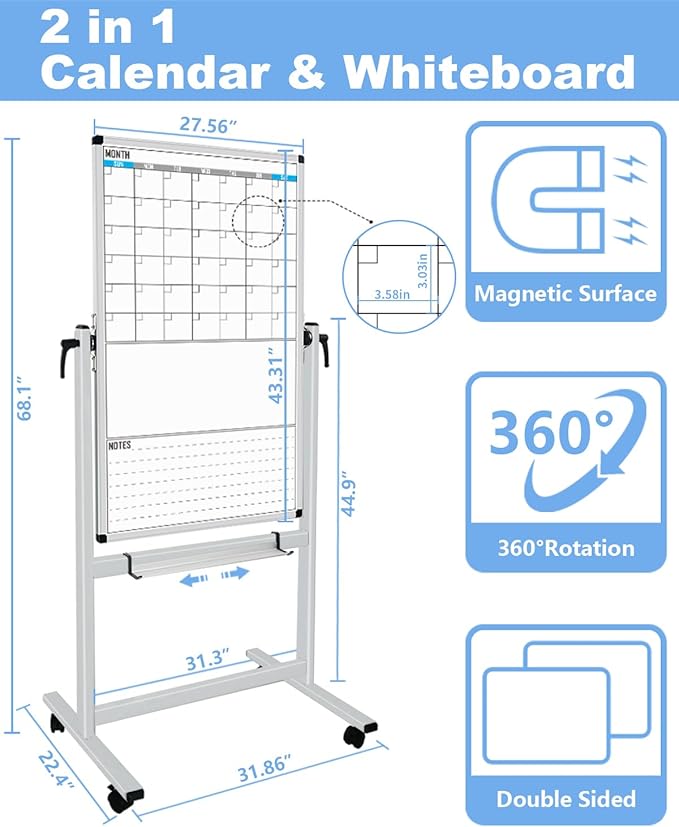 XBoard Rolling Moblie Whiteboard, 44x30 inches Double Sided Magnetic Dry Erase Board with Stand for Homeschool, Live Stream, Office, School (Calendar 44x30-Inch)