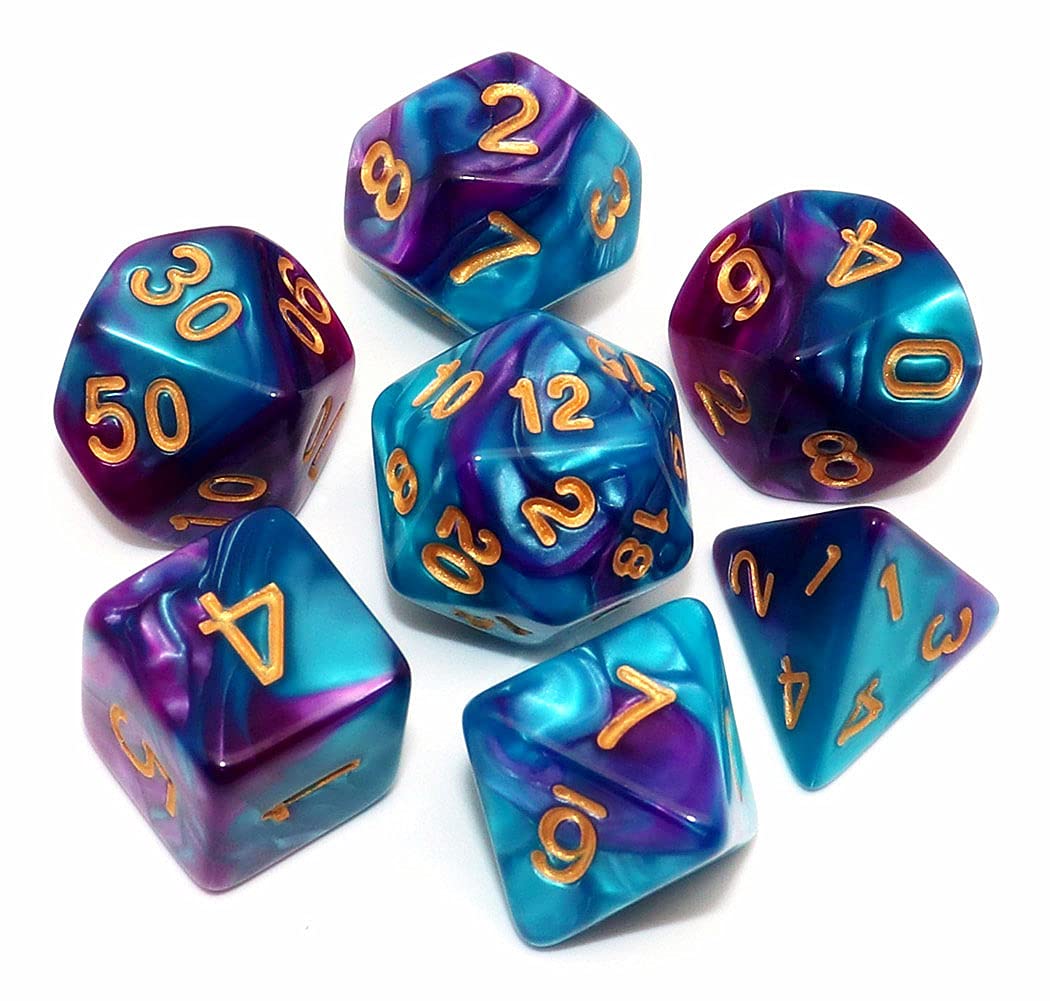 CREEBUY DND Dice Set RPG Polyhedral Dice for Dungeon and Dragons D&D RPG Role Playing Games 7-Die Set (Lake Blue Mix Purple)