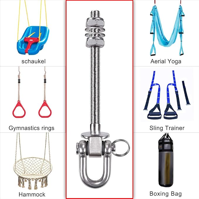 SELEWARE Set of 6 Swing Hanger, Swing Bolts M10 x 9.3", Stainless Steel Heavy Duty Swing Hooks for Wood and Steel Beam Yoga Hammock Chair Porch Swing Sets Seat, 1800LB Capacity