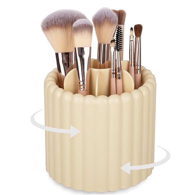 Anyoifax 360 Rotating Makeup Brush Holder 7 Slots Make Up Brush Organizer Removable Spinning Cosmetic Brushes Storage Pen Holder for Vanity, Dresser, Desk, Beige