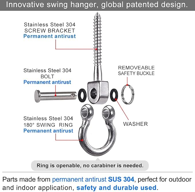 SELEWARE Heavy Duty 180° Swing Hangers, Stainless Steel Eye Screw Bracket, 1800 LB Capacity Playground Yoga Hammock Rope Tire Web Chair Sandbag Punching Bag Porch Swing Sets (6 Pack)