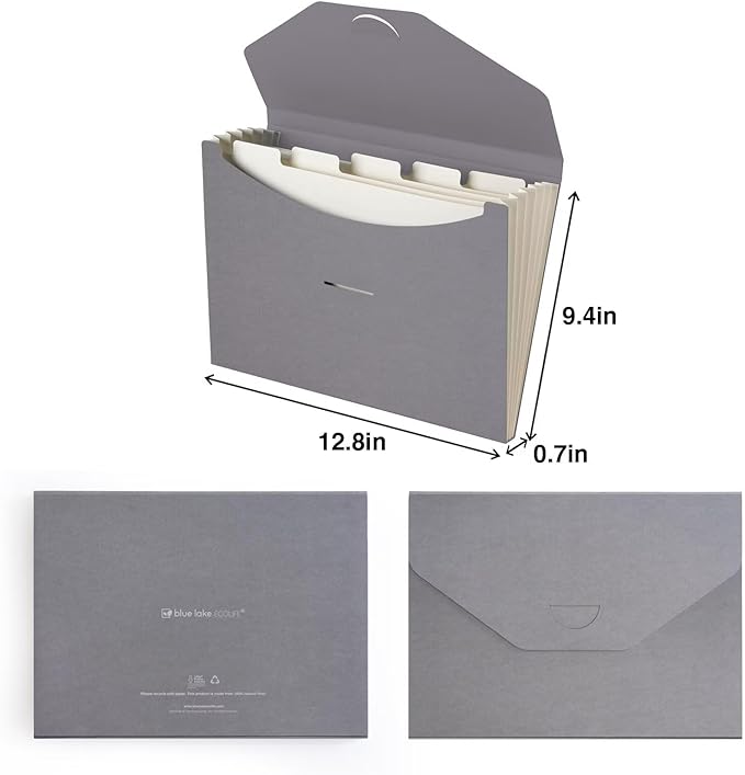 Blue Lake ECOLIFE Plastic-Free Accordion File Folders 6 Pocket Expanding File Folder Organizer Grey