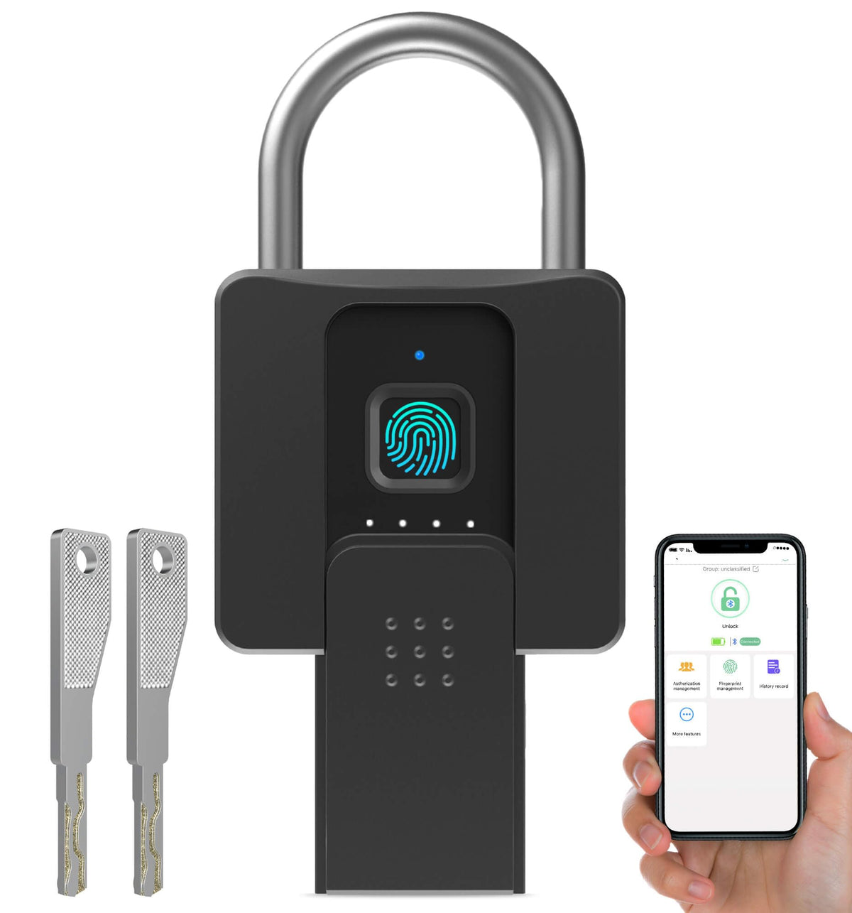 Fingerprint Padlock with Key Backup, Anweller Weatherproof Biometric Bluetooth App Controlled Keyless Smart Electronic Combination Lock for Outdoor Fence Gate Pool Shed Gym Locker Yard Truck