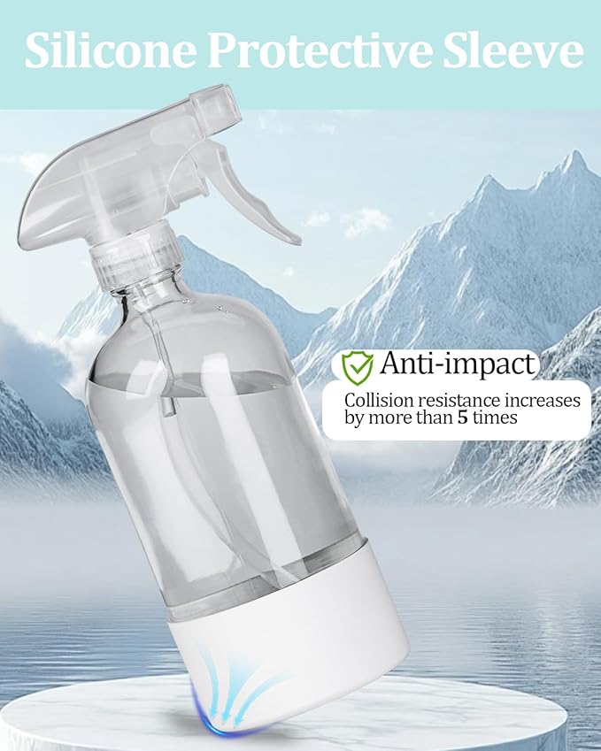 2 Pack 360° Glass Spray Bottles with Silicone Sleeve, 16 oz Empty Refillable Containers with Adjustable Spray Nozzles, Spray Bottles for Hair, Cleaning Solutions and Plants Black&White
