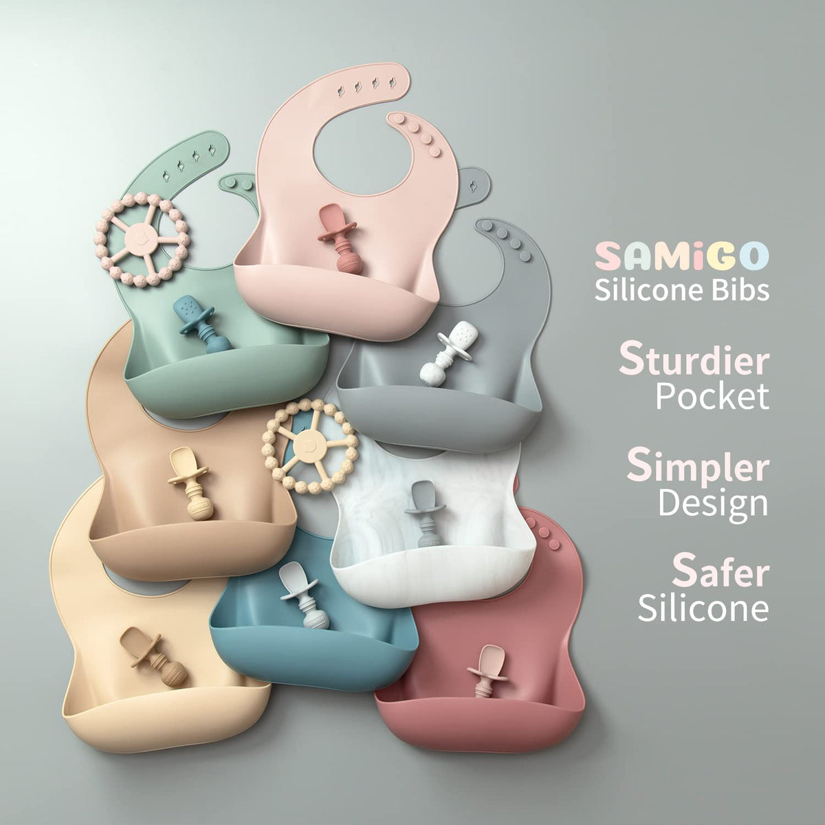 SAMiGO Silicone Baby Feeding Set, Baby Led Weaning Supplies, Suction Bowl Plate Bib Cup Self Feeding Spoons, Solid Food Eating Essentials, First Stage Utensils, 6+ Months