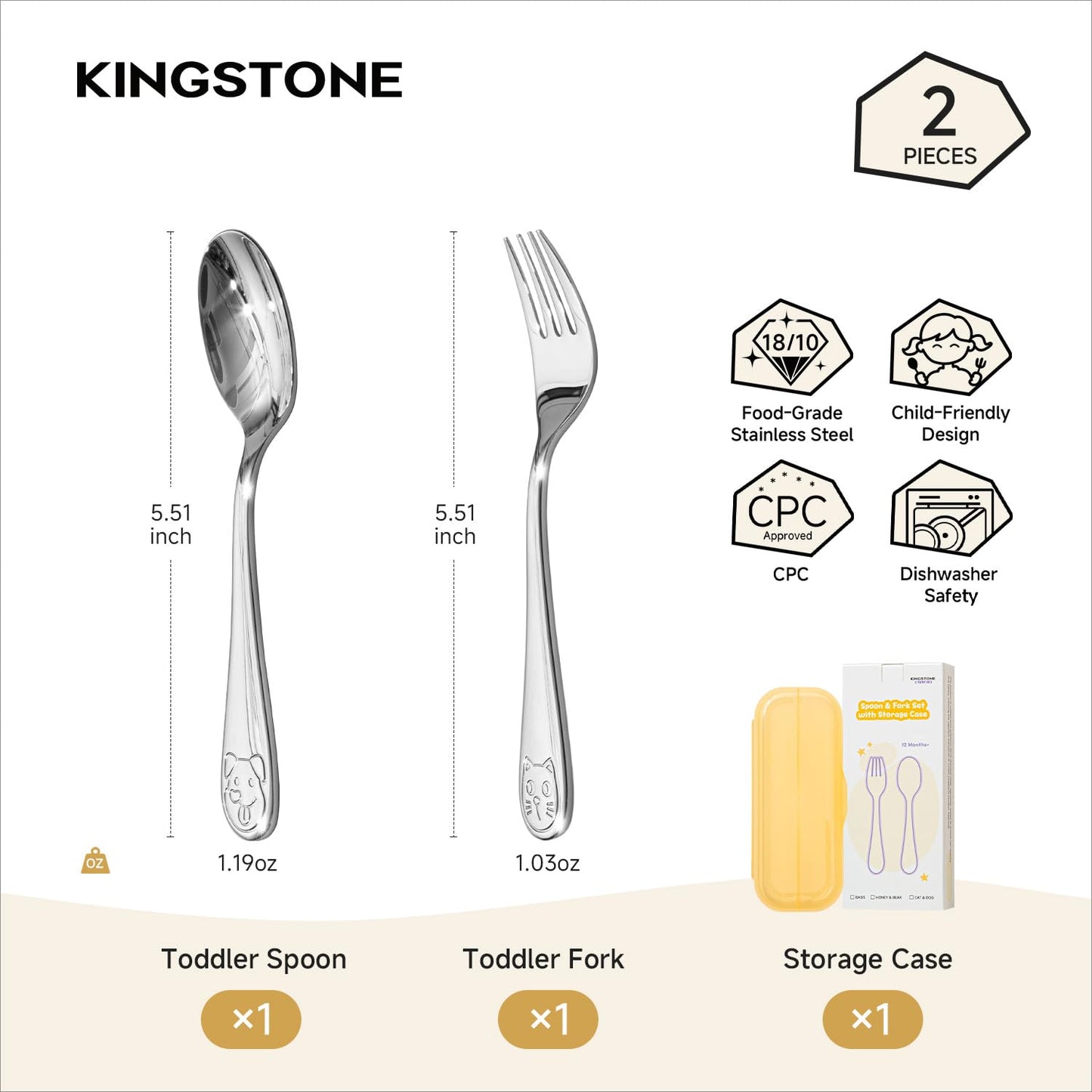 KINGSTONE 2-Piece Toddler Utensils Set, Small Fork & Spoon with Storage Case, 18/10 Stainless Steel, Cat & Dog Print, Lightweight, Ergonomic for Self-Feeding, Travel & Portable Baby Flatware