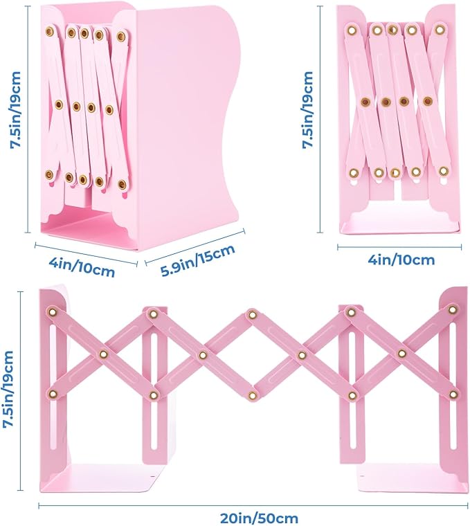 M&G Adjustable Bookends Book Ends for Shelves, Metal Bookend for Heavy Books, Desk Magazine File Organizer Holder Extends up to 20in, Book Stopper for Home, Office, Classroom (Pink)