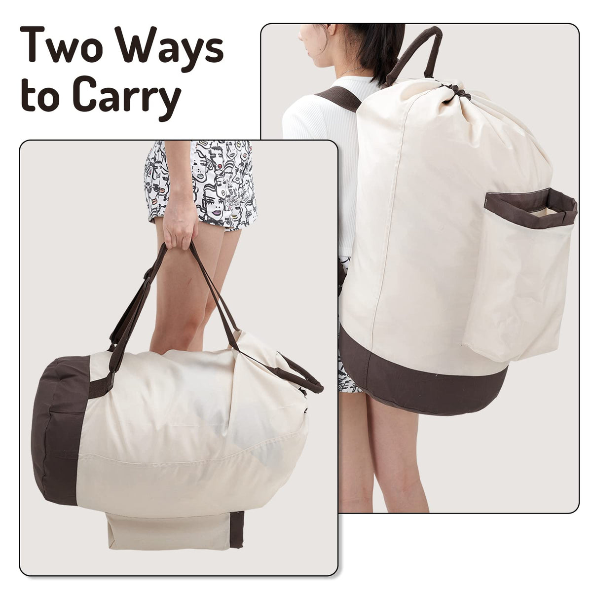 Laundry Bag Backpack with Shoulder Straps and Detergent Holder Clothes, Travel Laundry Backpack Bag Hamper for College Dorm Room (Khaki w Brown)