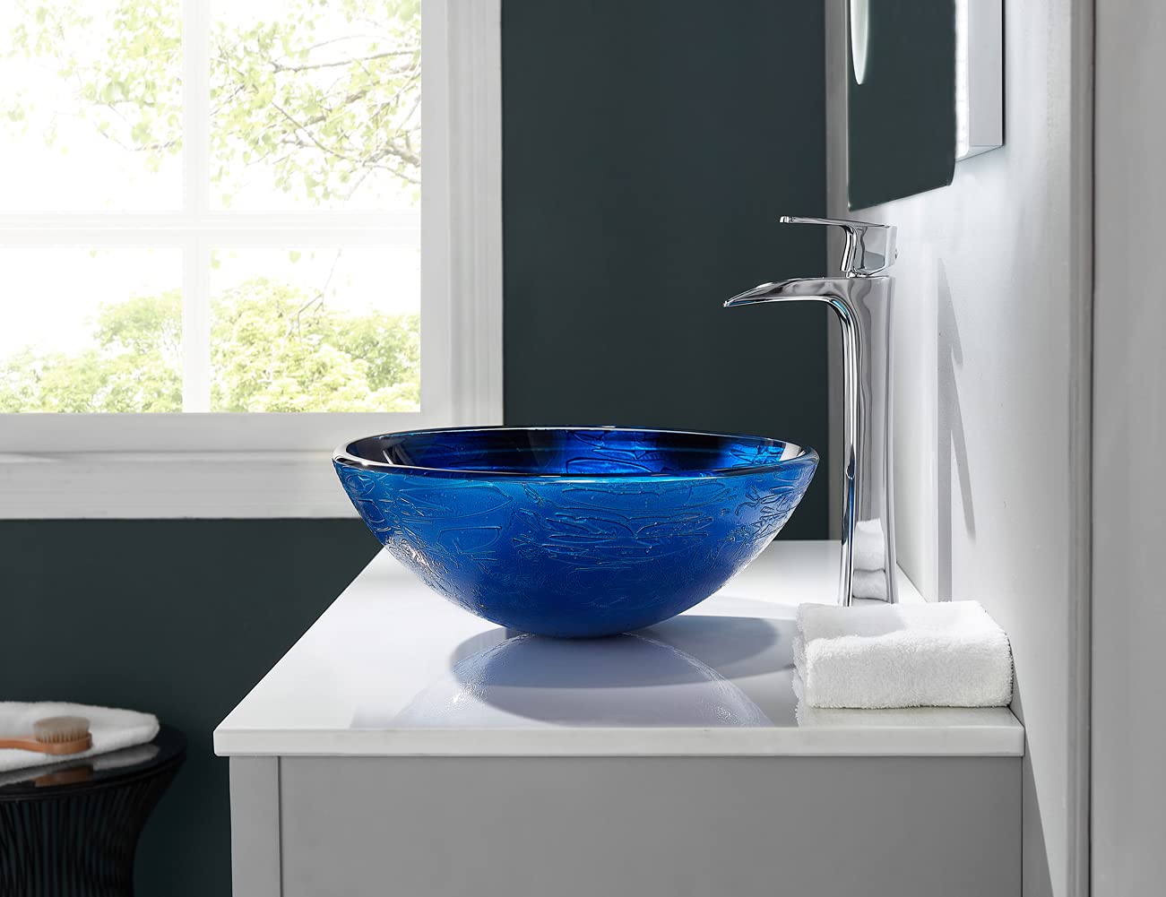 Fanwin Star Blue OceanMystery Series Tempered Deco Glass Vessel Bathroom Sink in Starry Blue | Top Mount Sinks Above Countertop | Vanity Countertop Sink Bowl with Pop Up Drain |FW-LA604