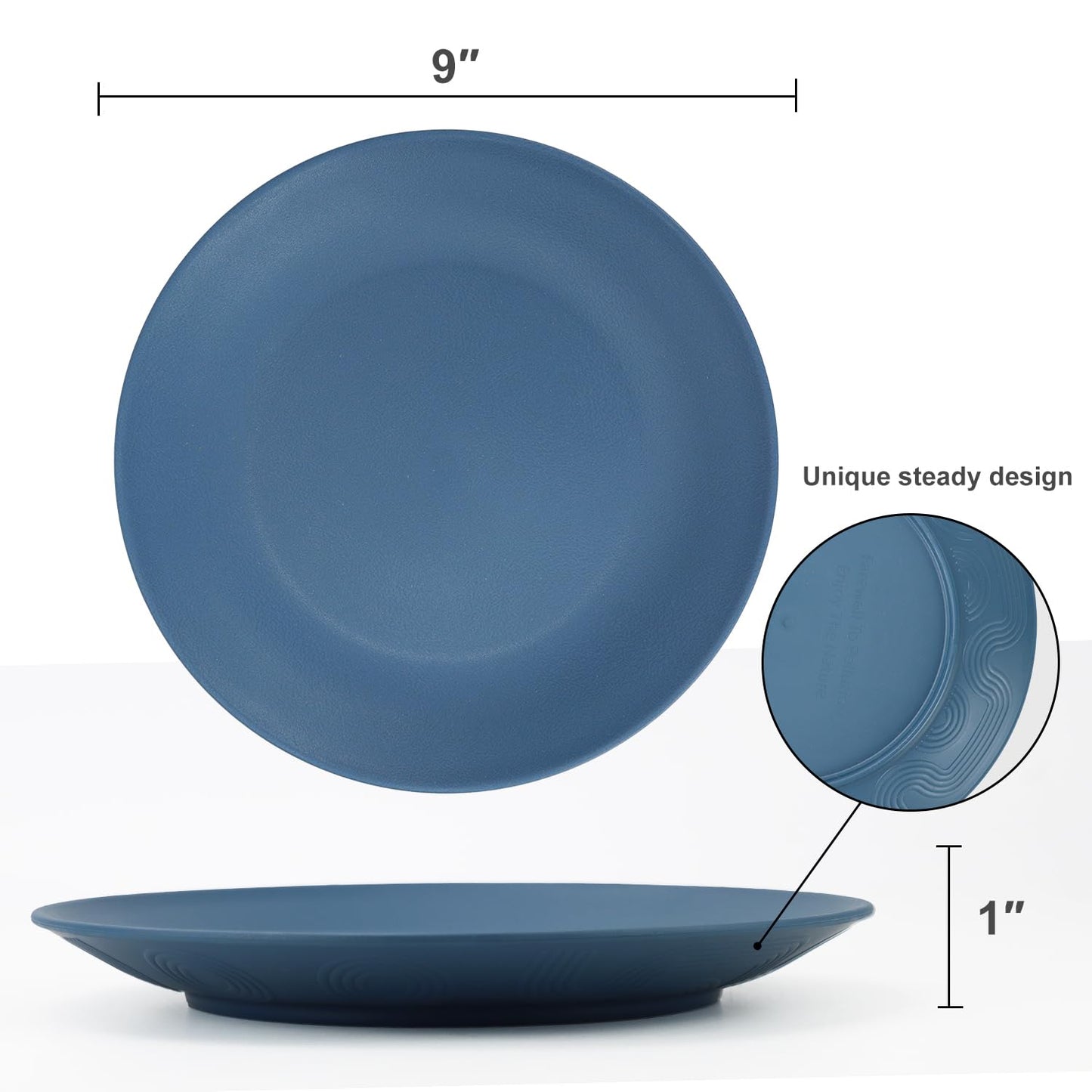 Homienly Flat Dinner Plates Set of 8 Alternative for Plastic Plates Microwave and Dishwasher Safe Wheat Straw Plates for Kitchen Unbreakable Kids Plates (Blue, 9 inch), MS 01