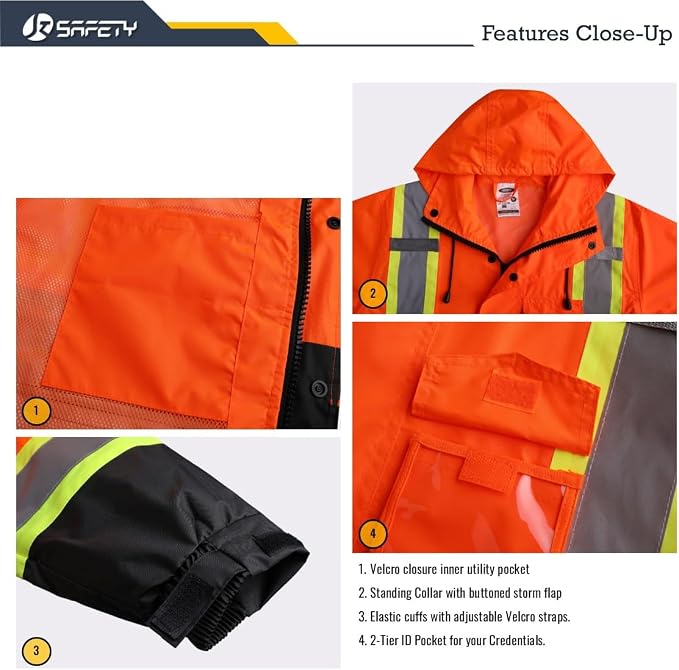 JKSafety Hi-Vis Reflective Safety Rain Jacket for Men Women Waterproof Rain Gears for Farming Fishing Work HV Rain Jacket with Inner Mesh Lining and Pockets (117A-OBlk L)