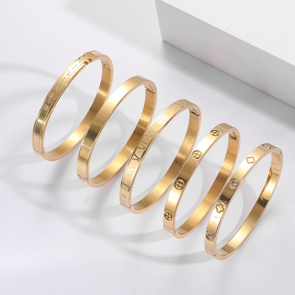 PDWZNBA 18K Gold Plated Love Friendship Bracelets with CZ Stones Trendy Stainless Steel Bangle Jewelry