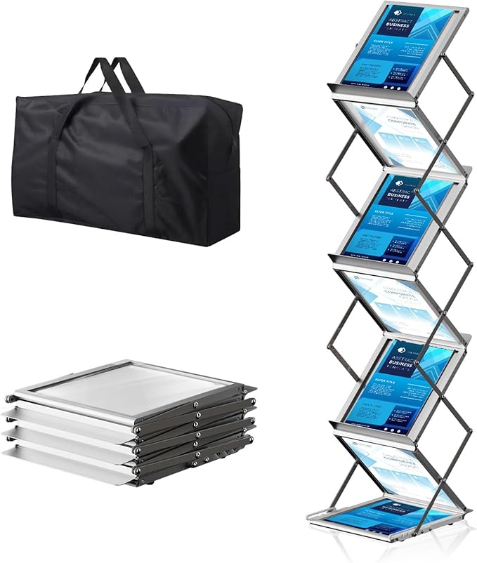 6 Pockets Foldable Aluminum Magazine Rack - Brochure Display Stand, Brochure Catalog Literature Display Stand with Carrying Bag for Exhibition, Trade Show, Office, Retail Store
