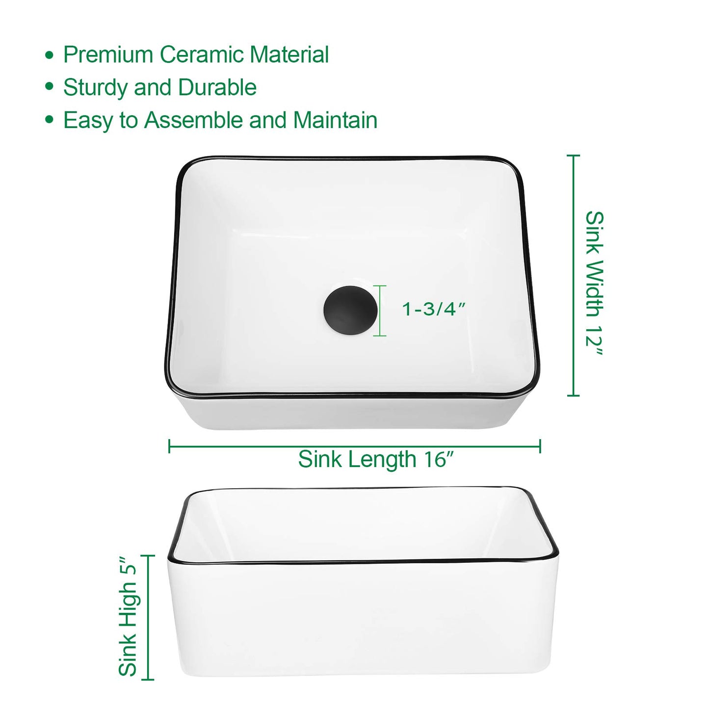Modern 16" x 12" Rectangle Vessel Sink with Faucet, White Porcelain Above-Counter Bathroom Basin with Black Edge, Stylish Vanity Countertop Sink for Powder Room & Small Spaces
