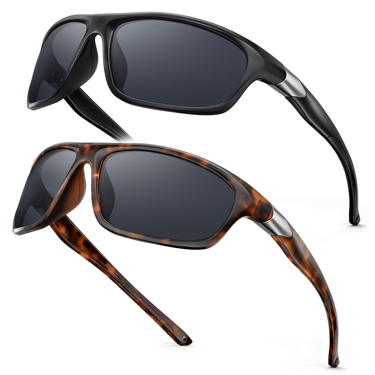 2 Pack Polarized Sports Sunglasses for Men Women, TR90 Wrap Around Design Sun Glasses UV400 Protection Outdoor Driving Cycling Fishing Black+Tortoise