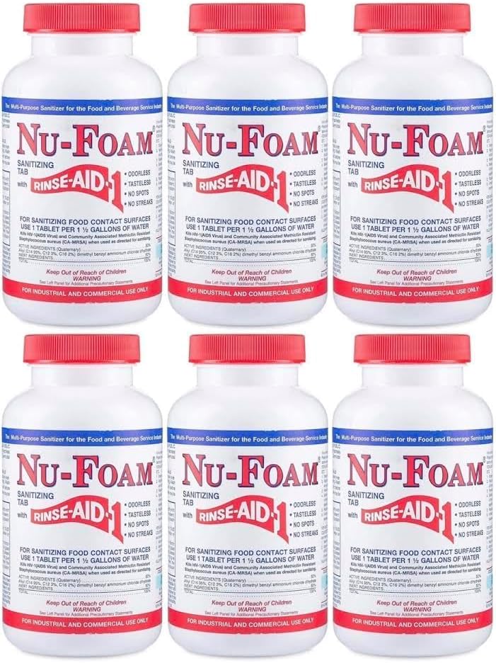 Nu-Foam Sanitizing Tablets for Bar Glassware â Superior Rinse Aid - Hand Washing Bar, Tavern, Brewery Supplies - Spotless Serving Glasses - 6 Jars 600 Tablets/ 3600 Quarts (6 Pack 600 Tablets)