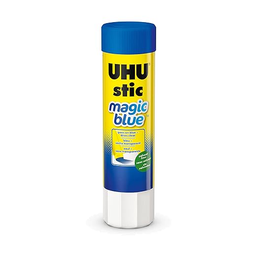 UHU Colored Glue Stick, 0.74oz Blue, rubs on Blue & Dries Clear, Washable, Solvent Free, Screw on Cap, Pack of 24