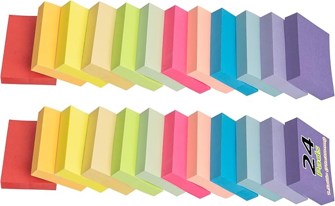 24 Pack Sticky Notes Small,2 x 1.5In Super Sticking Power Memo Pads,12 Assorted Colors Self-Stick Pads,100 Sheets/Pad Strong Adhesive Notes for Home,School,Office,Use on Walls,Doors,Windows