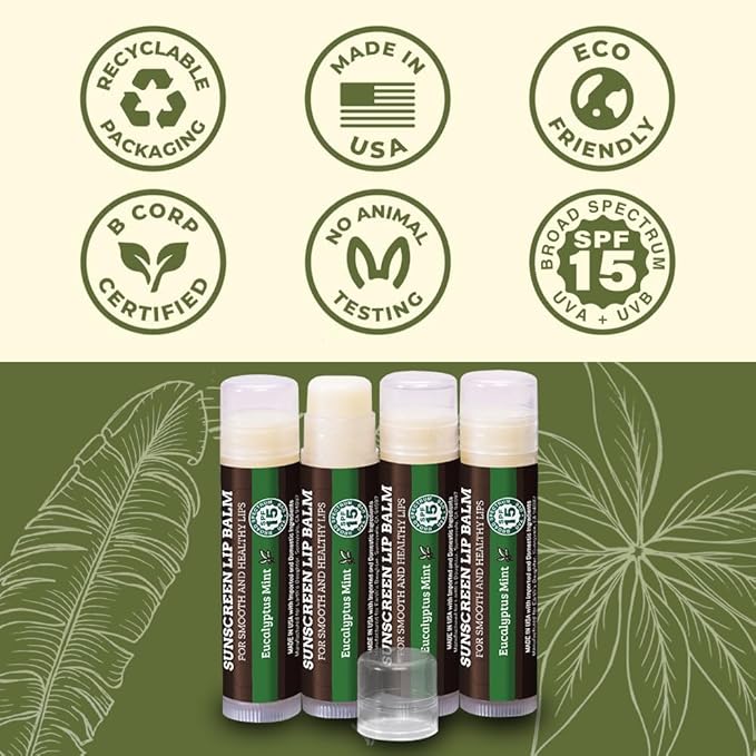 Earth's Daughter SPF Lip Balm Eucalyptus Mint 4-Pack - Lip Sunscreen, SPF 15, Organic Ingredients, Beeswax, Coconut Oil, Vitamin E - Hypoallergenic, Gluten Free