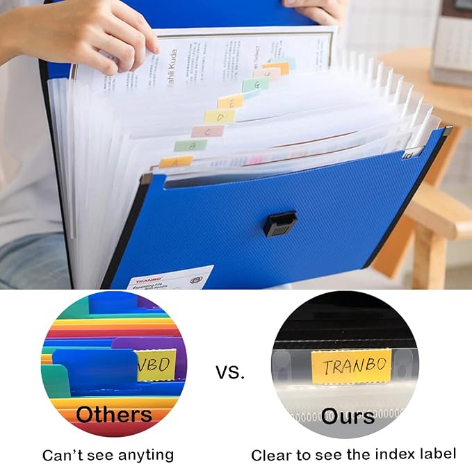 Extra Large Legal Size/Foolscap 12 Pockets Accordion File Organizer with Handle, TRANBO Portable Expanding File Folder, Expandable Plastic Document Organizer for Travel School Office - Blue