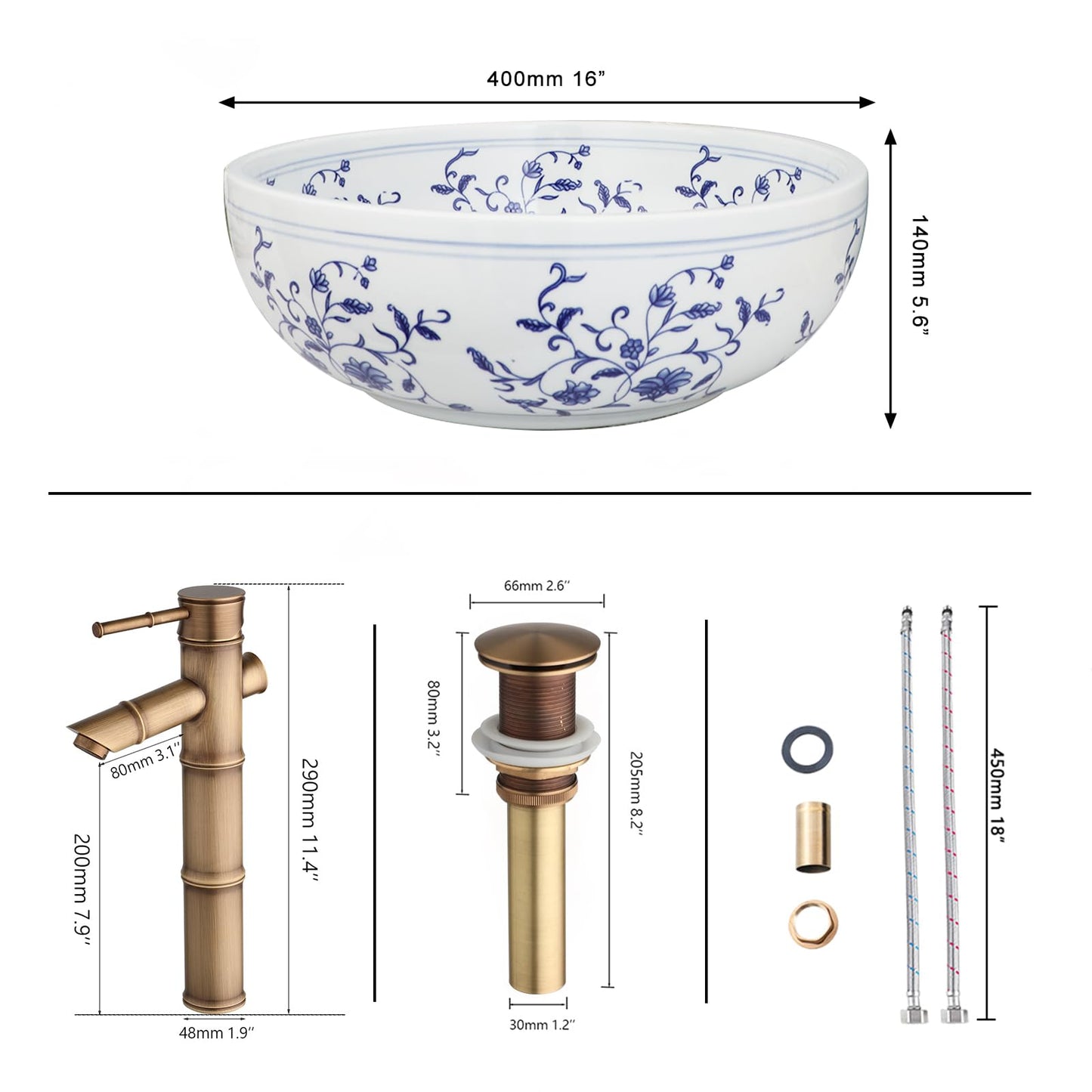 Lonuebu Bathroom Vessel Sink 16 Inch Vessel Sink Blue and White Ceramic Bathroom Sinks with Faucet and Drain Combo Bowl Sinks for Bathroom Vanity Above Counter