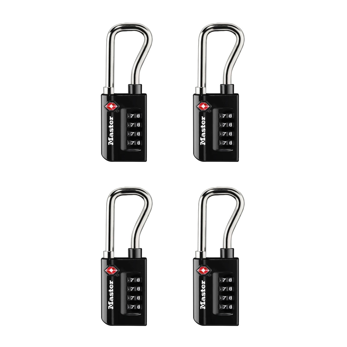 Master Lock Padlock, Set Your Own Combination TSA Accepted Luggage Lock, 1-5/16 in. Wide, Black, 4 pk, 4696EC4