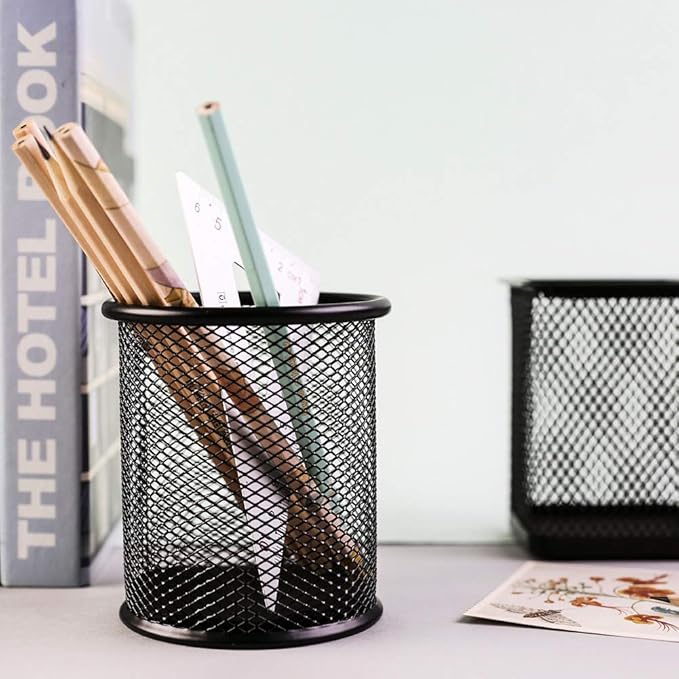 Ameceres 4 Packs Wire Mesh Pencil Holder Metal Pen Cup Desk Pen Organizer Case Pencil Jar Black for Office Home (Black)