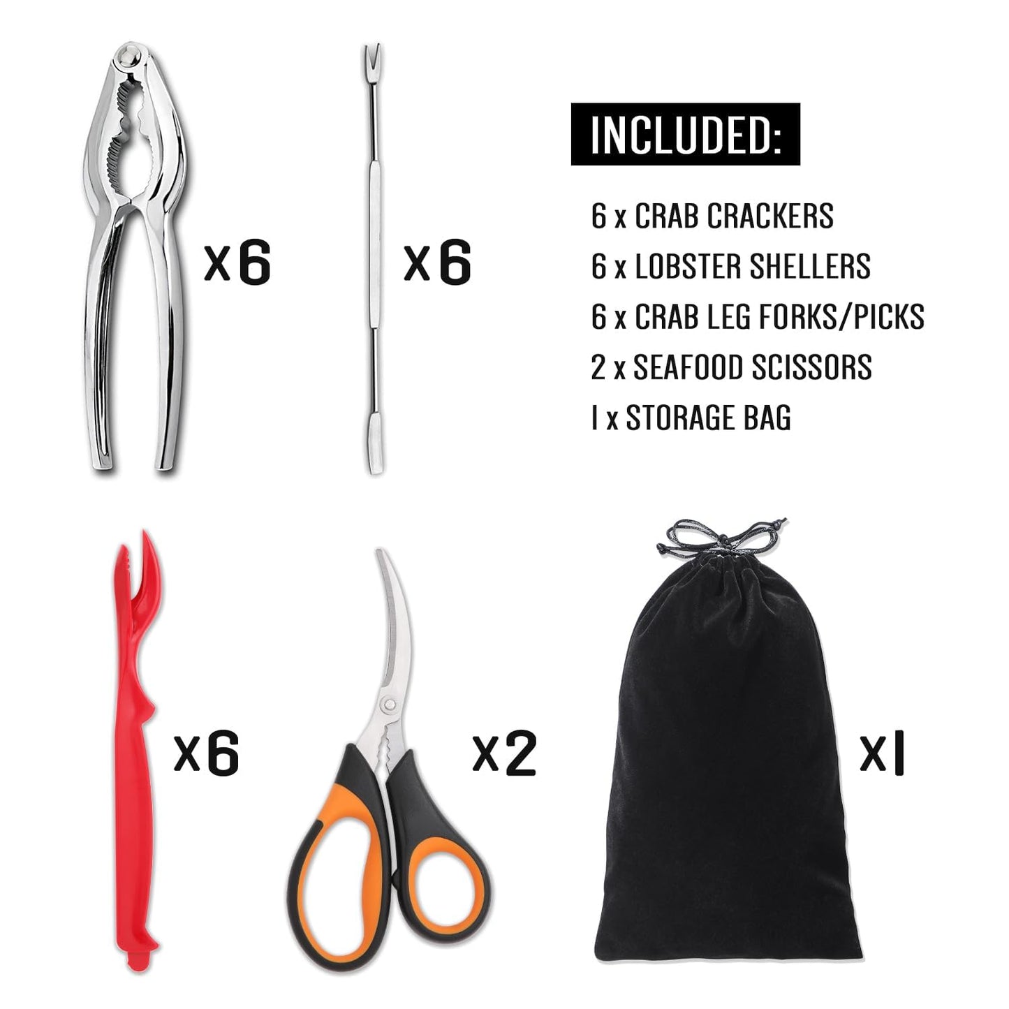 20-Pack Crab Crackers and Tools Set,Seafood Boil Party Supplies Includes 6 Crab Crackers, 6 Lobster Shellers, 6 Crab Leg Forks/Picks and 2 Seafood Scissors & Black Storage Bag - Nut Cracker Set