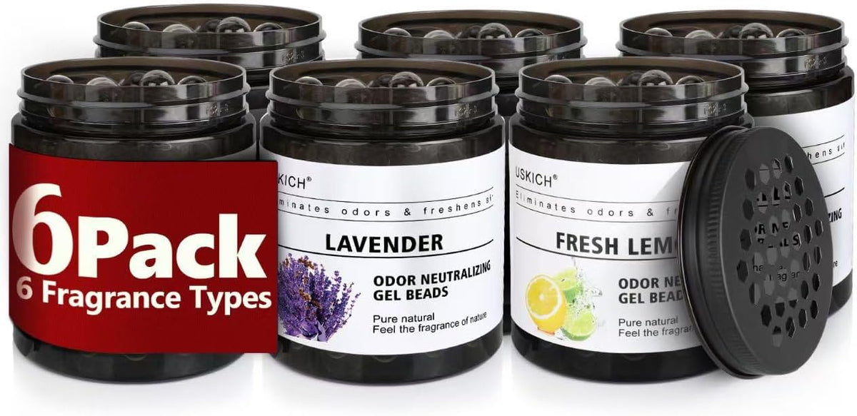 6 Pack Odor Eliminator Gel Beads, 6 kinds of fragrance Clear Air Freshener Made with Essential Oils - Eliminates Odors in Bathrooms, Cars, Boats, RVs & Pet Areas