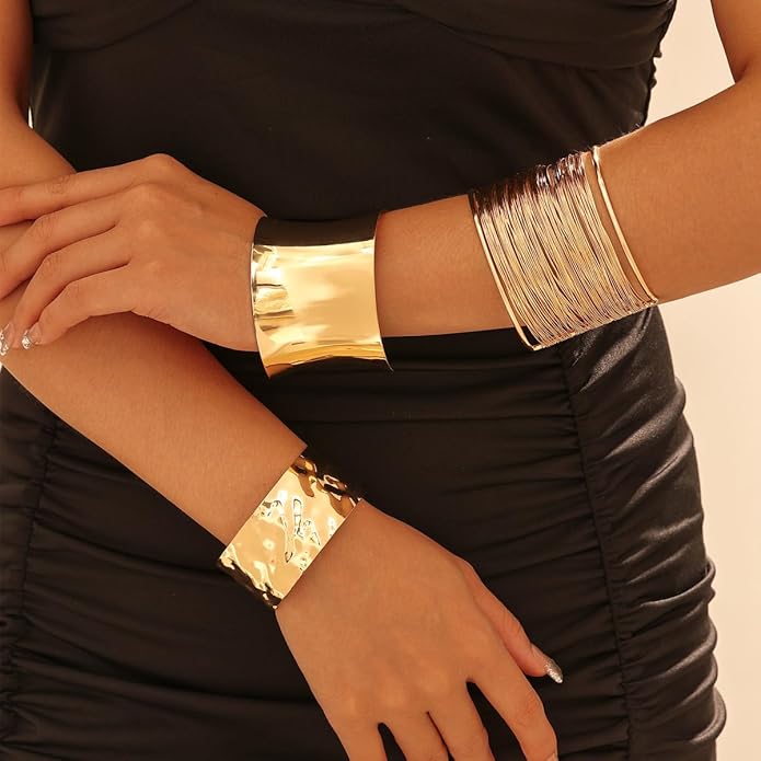 3PCS Gold Chunky Cuff Bracelets for Women Irregular Minimalist Statement Bangle Bracelets Set Open Wide Bangle Arm Cuff Upper Arm Punk Jewelry