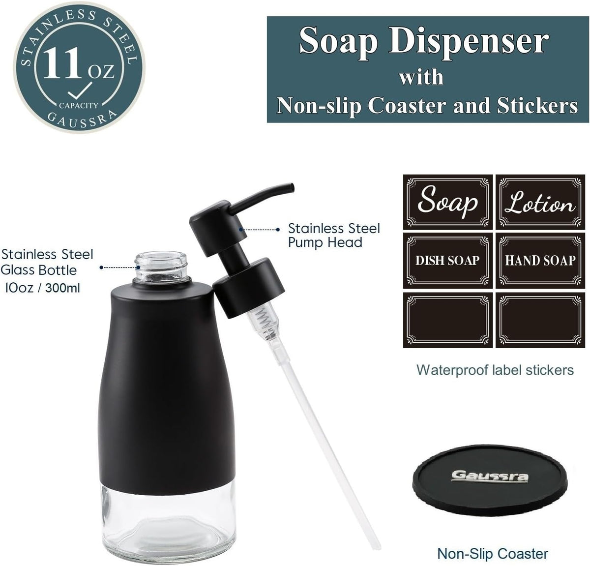 Gaussra Black Soap Dispenser with Coasterand Stickers, Refillable Liquid Stainless Steel Soap Dispenser for Kitchen Sink, Bathroom Countertop (11OZ / 320ML)