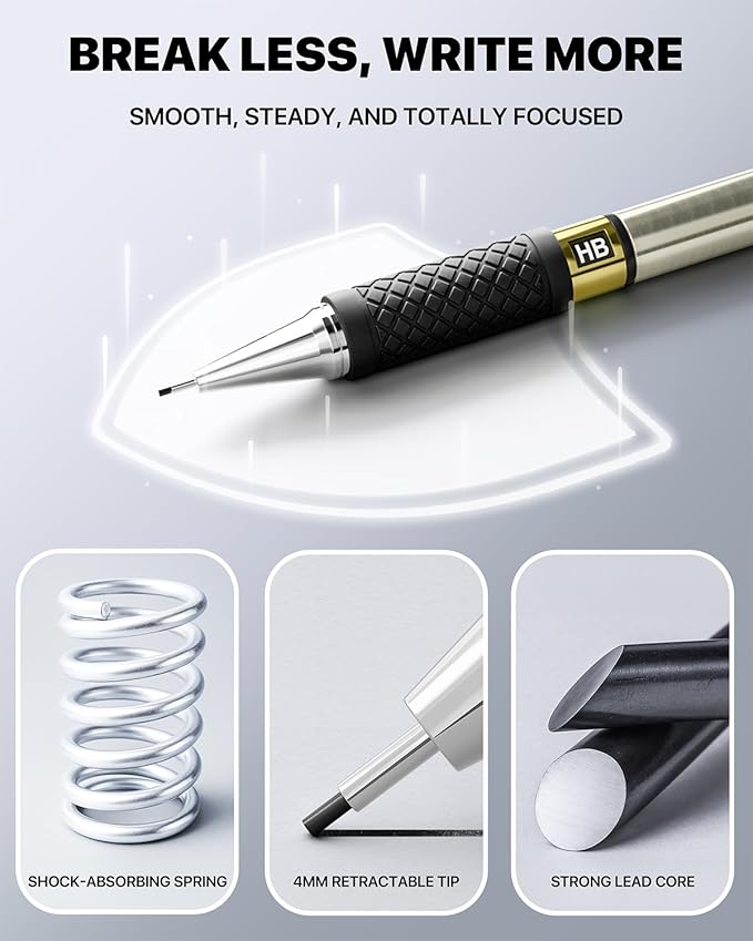 Four Candies Metal Mechanical Pencil Set - 3PCS 0.9mm Art Mechanical Pencils & 360PCS HB Lead Refills & 3PCS Erasers & 9PCS Eraser Refills, Drawing Mechanical Pencils for Writing, Sketching/With Case